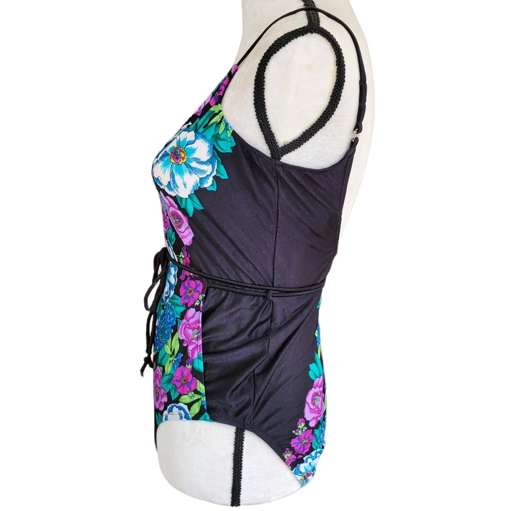 Vintage Sassafras black neon floral one piece swimsuit wrap open back medium - Picture 2 of 7